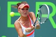 Agnieszka Radwanska returns a shot to Magdalena Rybarikova, March 23, 2013 in Key Biscayne, Florida